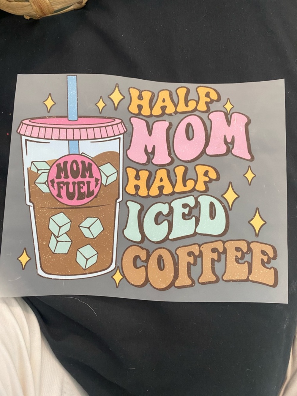 Half Mom Half Iced Coffee Graphic Tee Transfer - Retro Pastel Drink Design